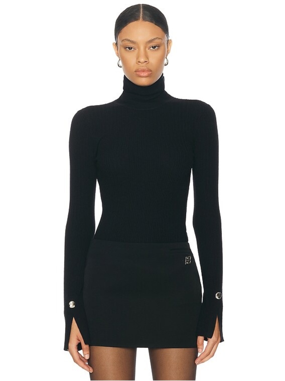 A.L.C. Jett Black Ribbed Turtleneck with Silver Cuff Buttons, EUC, L